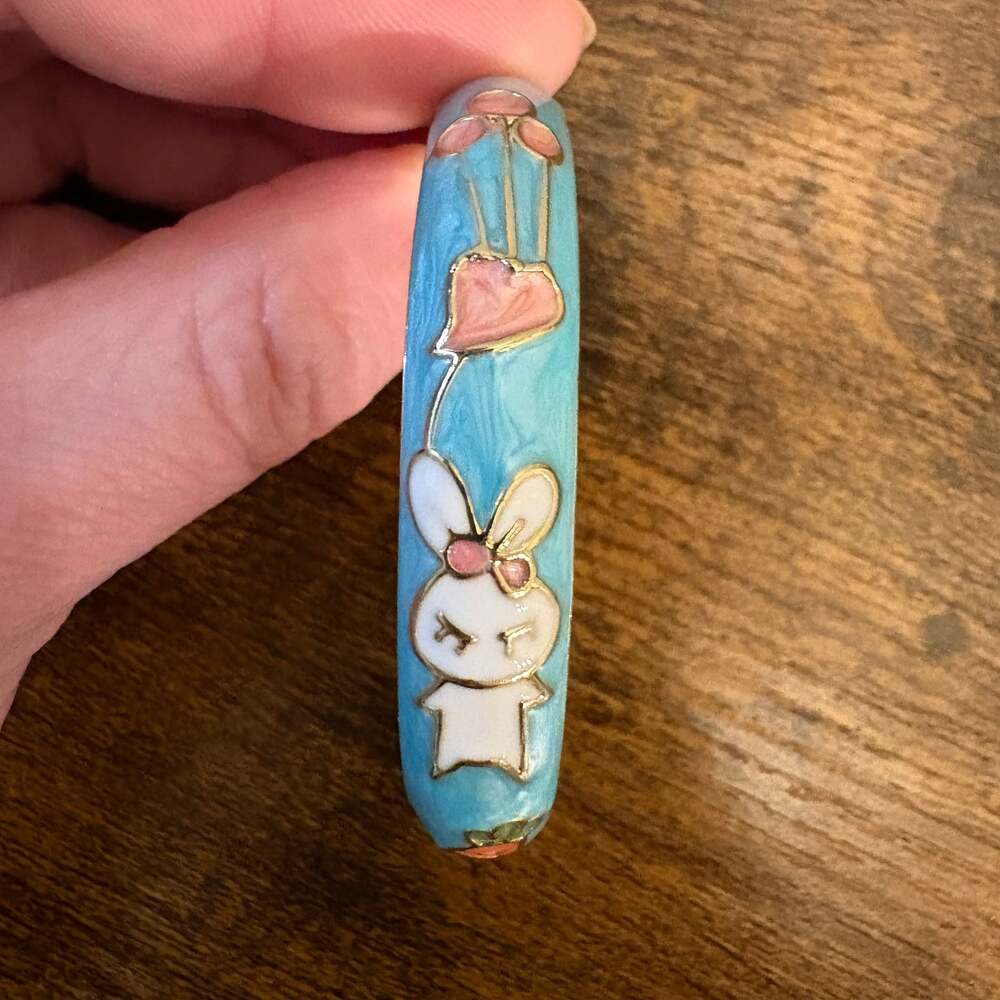 Vintage Cloisonné Enamel Bunny Hinged Bangle Bracelet Blue Gold